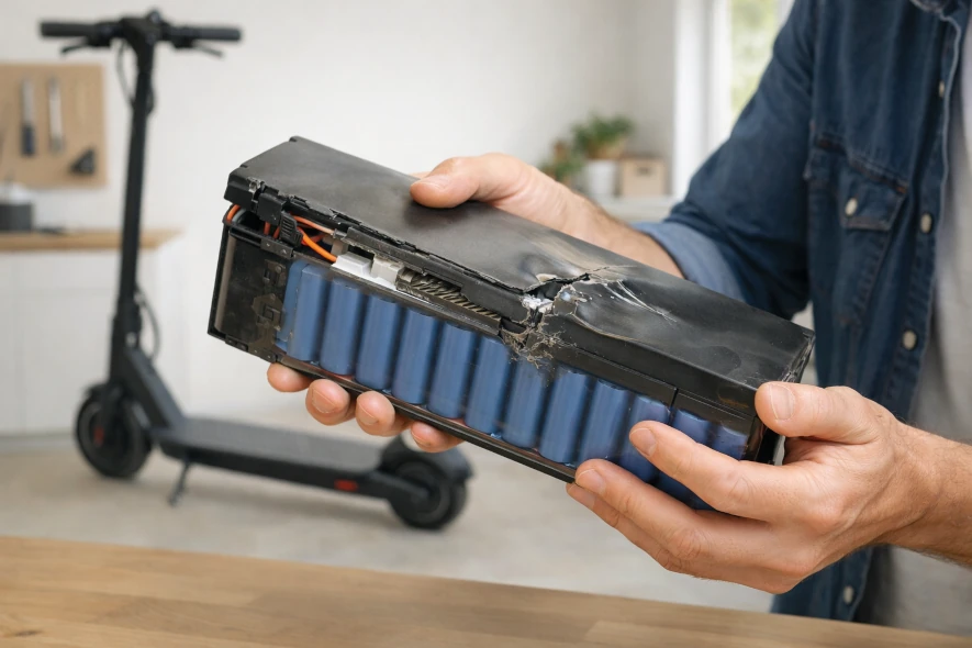 Trasigt batteri till elscooter som behöver bytas