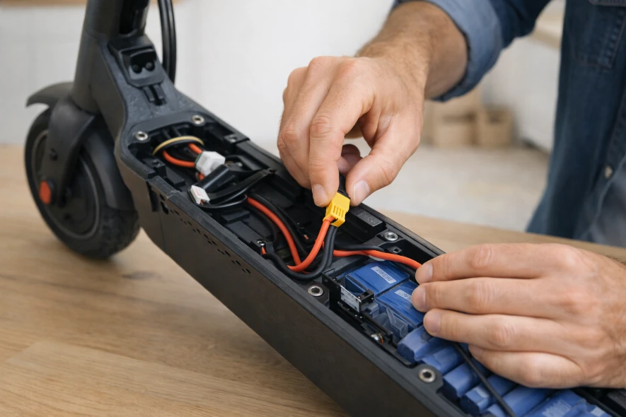 Kontrollerar och kopplar batterianslutningar på elscooter