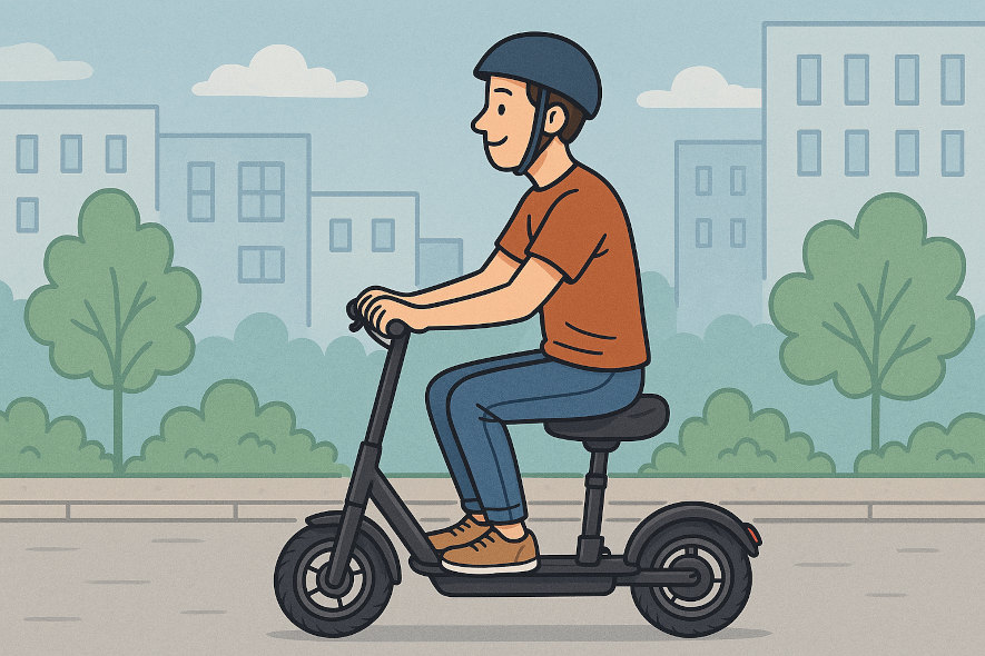 Sitter bekvämt på sin elsparkcykel på väg till jobbet