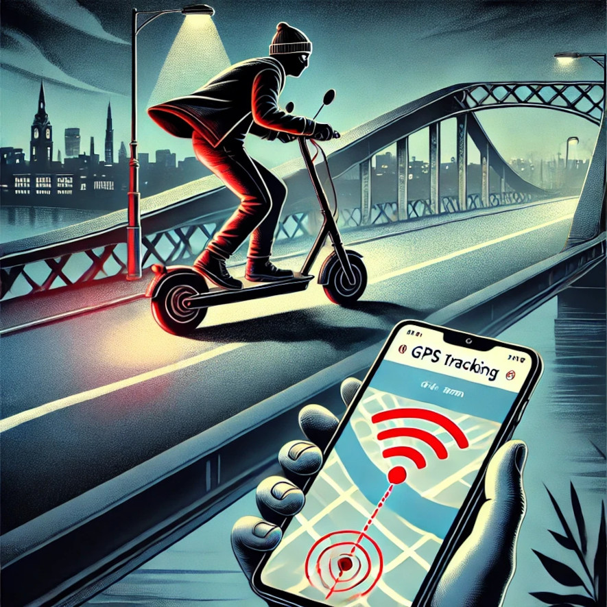 Spårar den stulna elsparkcykeln med mobilen och gps-tracker som monterats på cykeln